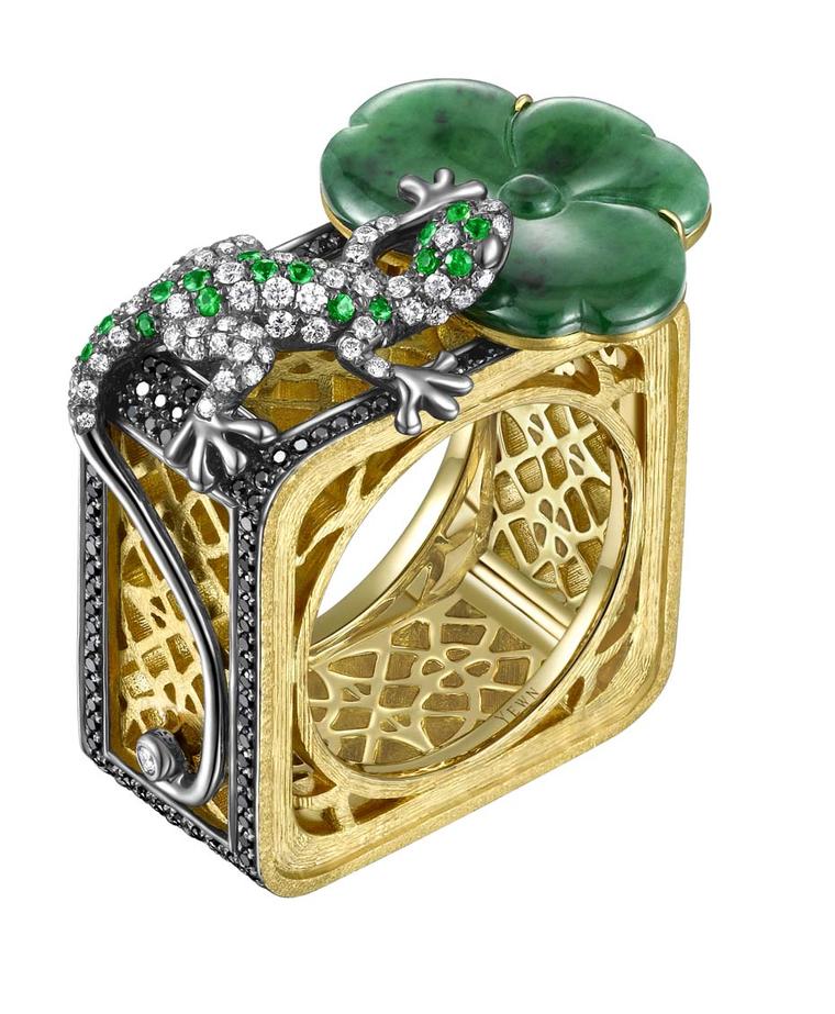 YEWN's Floral Lattice Collection Lotus Leaf and Salamander ring in yellow gold with jadeite, diamonds, black diamonds and tsavorites.